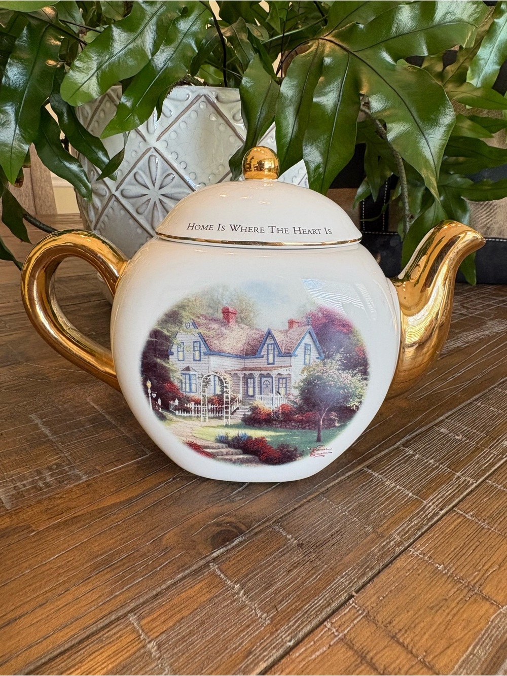 Teleflora Thomas Kinkaid Home Is Where The Heart Is Gold-Accent Ceramic Teapot